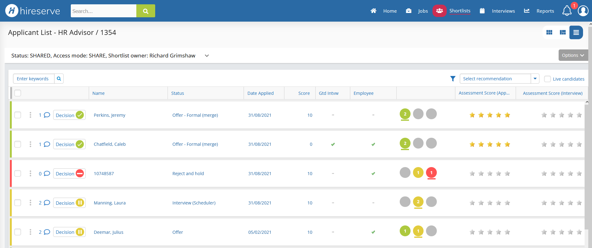 Applicant list screenshot